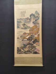 A Chinese Vertical Scroll Ink Painting of Landscape on Paper