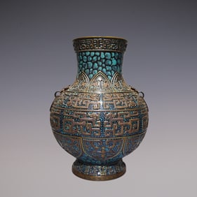 An Exquisite Antique bronze Glaze Painted Gold Dragon Pattern Beast-Face Pattern Double-Ears Vase