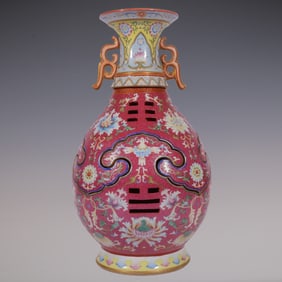 An Exquisite Famille-Rose Ruby Red-Glazed Lotus Pattern Double-Ears Vase
