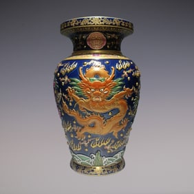 An Exquisite Enamel Ji Blue Glazed Painted Gold Dragon Pattern Seawater Pattern Lotus Pattern Vase