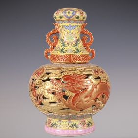 An Exquisite Enamel Dragon Pattern Bats and Peach Pattern Lotus Pattern Double-Ears Vase