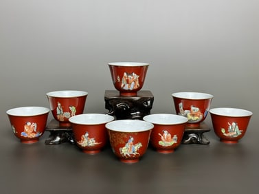 A Set of Fine Iron-Red Painted Gold Character and Story Pattern Cup