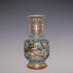 An Exquisite Enamel Lotus Pattern Phoenix Pattern Sheep Pattern Double-Ears Vase