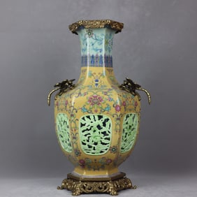 An Exquisite Famille-Rose Inlaid Bronze Lotus Pattern Double-Ears Vase