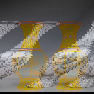 A Exquisite A pair of Coppery Enamel Lotus Pattern Landscape and Figure Pattern Vase: A Exquisite A pair of Coppery Enamel Lotus Pattern Landscape and Figure Pattern Vase Qing Dynasty, China Qianlong