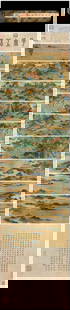 A Chinese Hand Scroll Ink Painting of Landscape and Figure on Silk: A Chinese Hand Scroll Ink Painting of Landscape and Figure on Silk Qiu ying Size:385.8inx15.7in&#20167;&#33521;&#32362;&#23376;&#34394;&#19978;&#26519;&#22270; &#32482;&#26412;&#25163;&#21367;Size:980