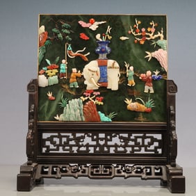 An Exquisite Zitanwood Inlaid Jasper Character and Story Pattern Eight Treasures Pattern Screen