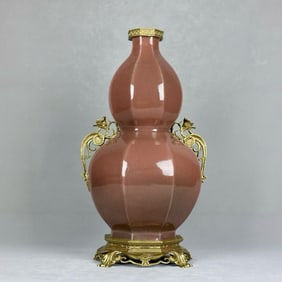 An Exquisite PeachBloom-Glazed Inlaid Bronze Gourd-Shaped Double-Ears Vase