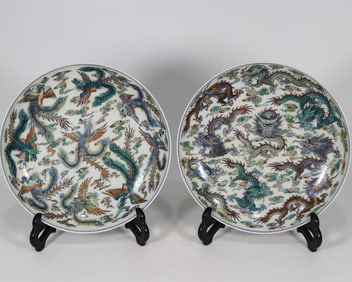 A Pair of Exquisite Doucai Dragon and Phoenix Pattern Plate
