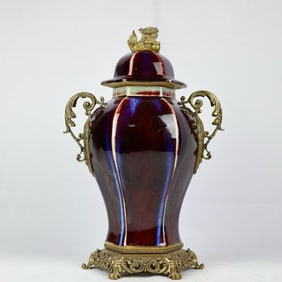 An Exquisite Flambe Glazed Inlaid Bronze Double-Ears Jar
