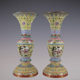 A Pair of Exquisite Famille-Rose Lotus Pattern Landscape and Figure Pattern Vase
