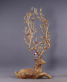 An Exquisite Gilt Bronze Inlaid Gems Deer Ornament