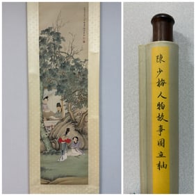 A Chinese Vertical Scroll Ink Painting of Character and Story on Silk