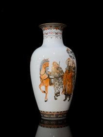 An Exquisite Ink Color Iron-Red Painted Gold Character and Story Pattern with poem Vase