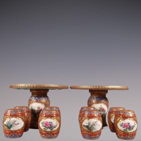 A Set of Fine Enamel Painted Gold Lotus Pattern Flower and Bird Pattern Tables and chairs