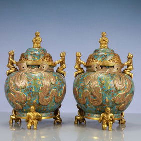 A Exquisite A pair of Cloisonne Flower and Fruit Pattern Double-Ears and Tripod Censer