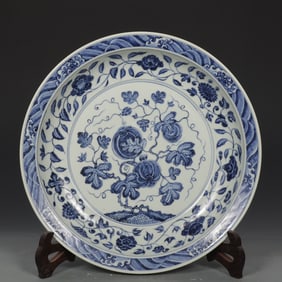 An Exquisite Blue and White Flower and Fruit Pattern Lotus Pattern Seawater Pattern Plate
