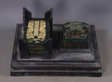 A Set of Fine Greenish Jade Dragon Pattern with poem Auspicious Beast Seal