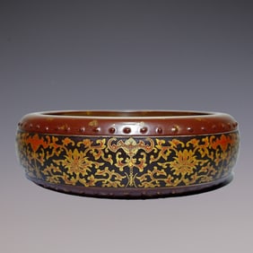An Exquisite Antique bronze Glaze Iron-Red Painted Gold Bats and Peach Pattern Lotus Pattern Brush