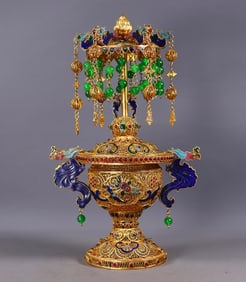 An Exquisite Gilt Bronze Inlaid Gems Bats and Peach Pattern Ornament