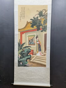 A Chinese Vertical Scroll Ink Painting of Character and Story on Silk