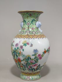 An Exquisite Famille-Rose Lotus Pattern Flower and Butterfly Pattern with poem Double-Ears Vase