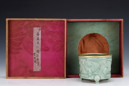 An Exquisite Long quan yao Painted Gold Lotus Pattern Tripod Censer