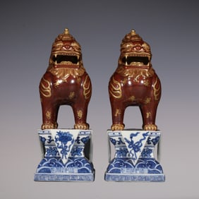 A Pair of Exquisite Blue and White Painted Gold Eight Treasures Pattern Auspicious Beast Ornament