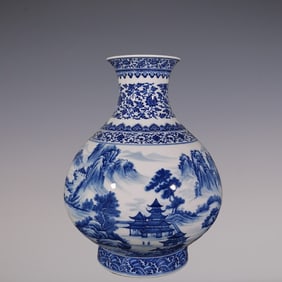 An Exquisite Blue and White Lotus Pattern Landscape and Figure Pattern Seawater Pattern Vase