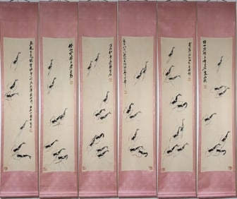 A Chinese Vertical Scroll Ink Painting of Shrimp on Paper