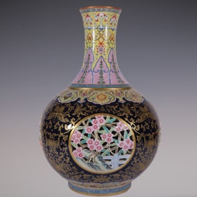 An Exquisite Famille-Rose Ji Blue Glazed Painted Gold Flower and Butterfly Pattern Vase