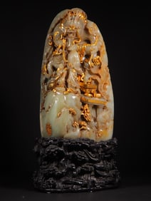 An Exquisite White Jade Dragon Pattern Figure Pattern with poem Ornament