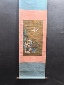 A Chinese Vertical Scroll Ink Painting of Character and Story on Silk