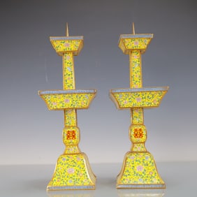 A Exquisite A pair of Coppery Enamel Lotus Pattern Candlestick