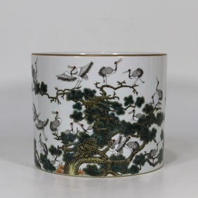 An Exquisite Enamel Pine and Crane Pattern Brush Pot
