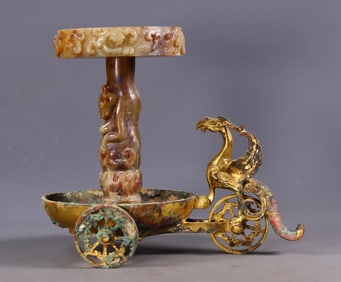 An Exquisite Gilt Bronze Inlaid White Jade Auspicious Beast Candlestick