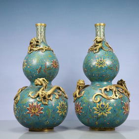 A Exquisite A pair of Cloisonne Dragon Pattern Lotus Pattern Gourd-Shaped Vase