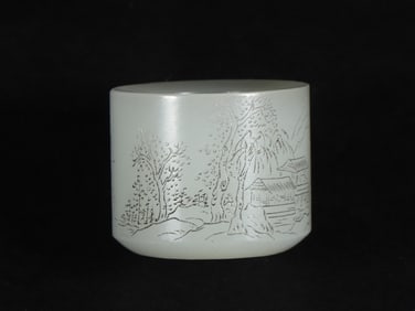 An Exquisite White Jade Landscape Pattern with poem Ring