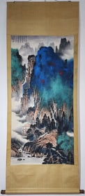 A Chinese Vertical Scroll Ink Painting of Landscape on Paper