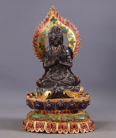 An Exquisite Gilt Bronze Inlaid Gems Buddha Statue