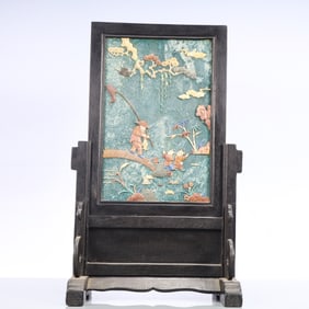 A Exquisite Zitanwood Inlaid Gems Character and Story Pattern Flower Pattern Screen Ornament