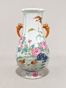 An Exquisite Famille-Rose Flower and Bird Pattern with poem Double-Ears Vase
