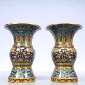 A Exquisite A pair of Cloisonne Beast-Face Pattern Lotus Pattern Vase