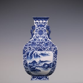 An Exquisite Blue and White Lotus Pattern Landscape Pattern Double-Ears Vase