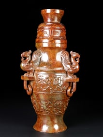 An Exquisite Archaic Jade Auspicious Beast Pattern Double-Ears Vase
