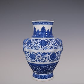 An Exquisite Blue and White Lotus Pattern Seawater Pattern Double-Ears Vase