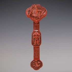 A Exquisite Carved Red Lacquer Character and Story Pattern Bats and Peach Pattern Ruyi