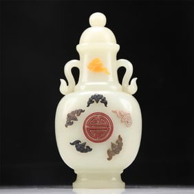 A Superb White Jade Gem-Inlaid 'Bat& Auspicious Cloud' Vase