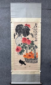 A Chinese Vertical Scroll Ink Painting of Flower and Bird on Paper,Qi Baishi