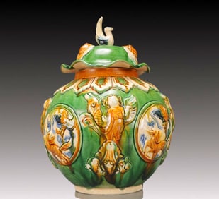 A Rare Tang Tri-Color Glazed Pottery Character and Story Pattern Cover Jar